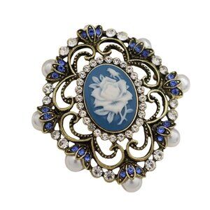 Victorian Style Blue Cameo Brooch Pin With Pearl & Rhinestone Accents